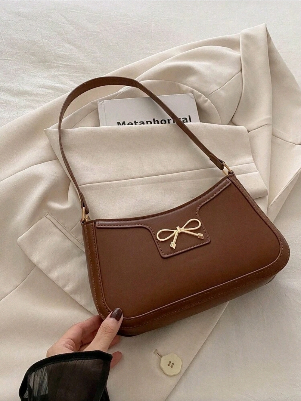 SHEIN Brown Mini Shoulder Bag with Gold Bow Charm